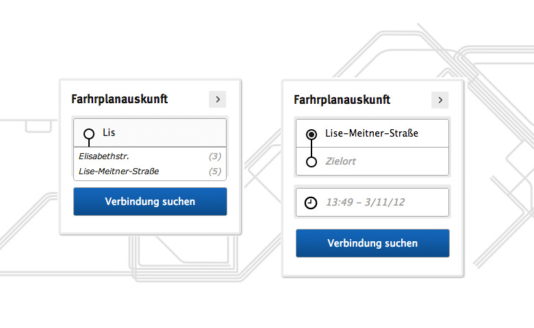 Journey planner modul in action with auto-complete function