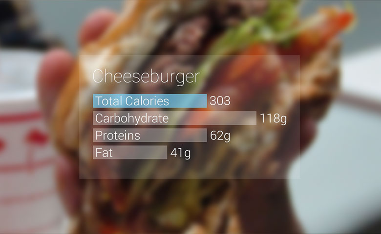 Google Glass shows nutrition facts about a cheeseburger.