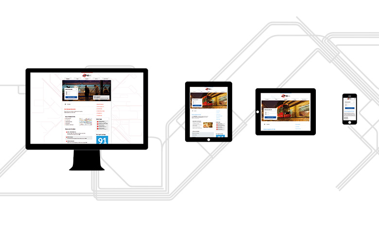 The new BSAG website adjusted to different screen sizes: Desktop-screen, tablet, tablet in landscape mode and smartphone